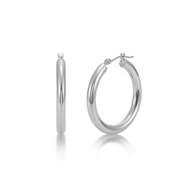 Round Hoops Solid 14k White Gold Diamond Cut Earrings Genuine Polished Classic Design 45 x 3 mm 